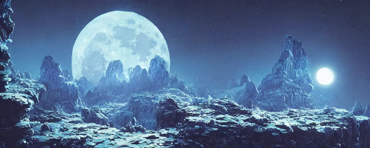 Prompt: moon made of blue cheese, [ shards, facets, by paul lehr, cinematic, detailed, epic, widescreen, opening, establishing, mattepainting, photorealistic, realistic textures, octane render ]