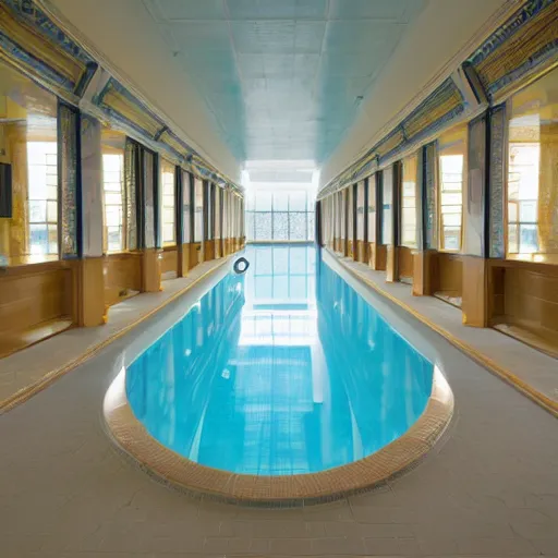 Image similar to the Poolrooms, an expansive complex of interconnected rooms and corridors slightly submerged in undulating, lukewarm water. Each area of the level varies greatly in size and structure, ranging from uniform pools and hallways to more open, abnormally-shaped areas. The walls, ceilings, and floors of the level all appear to be constructed from the same white ceramic tile, with the only deviation from this color being the blue-green hue of the water. Eerie, liminal space