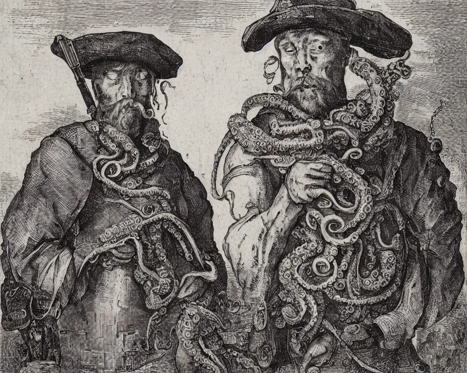 Prompt: A colonial soldier with an octopus head in the style of Albrecht Durer, engravin, black and white