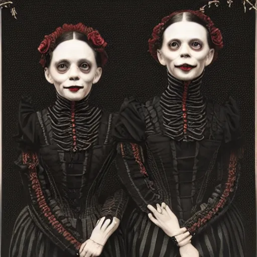 Image similar to creepy smiling twins in victorian clothes, black background, backlit:: by Martine Johanna and Simon Stålenhag and Chie Yoshii and Casey Weldon and Guillermo del toro :: ornate, dynamic, particulate, intricate, elegant, highly detailed, centered, artstation, smooth, sharp focus, octane render, 3d