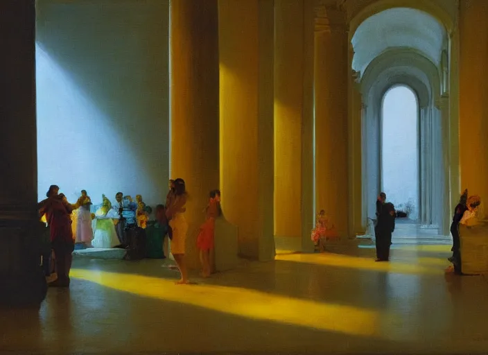 Prompt: painting of a dan flavin installation by thomas cole