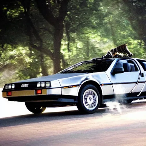 Image similar to a delorean protecting a tiger,