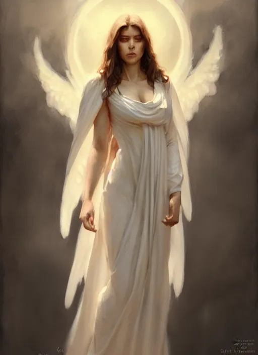 Image similar to angel in white robes. realistic shaded lighting poster by greg rutkowski, magali villeneuve, artgerm, jeremy lipkin and michael garmash, rob rey and kentaro miura style, trending on art station