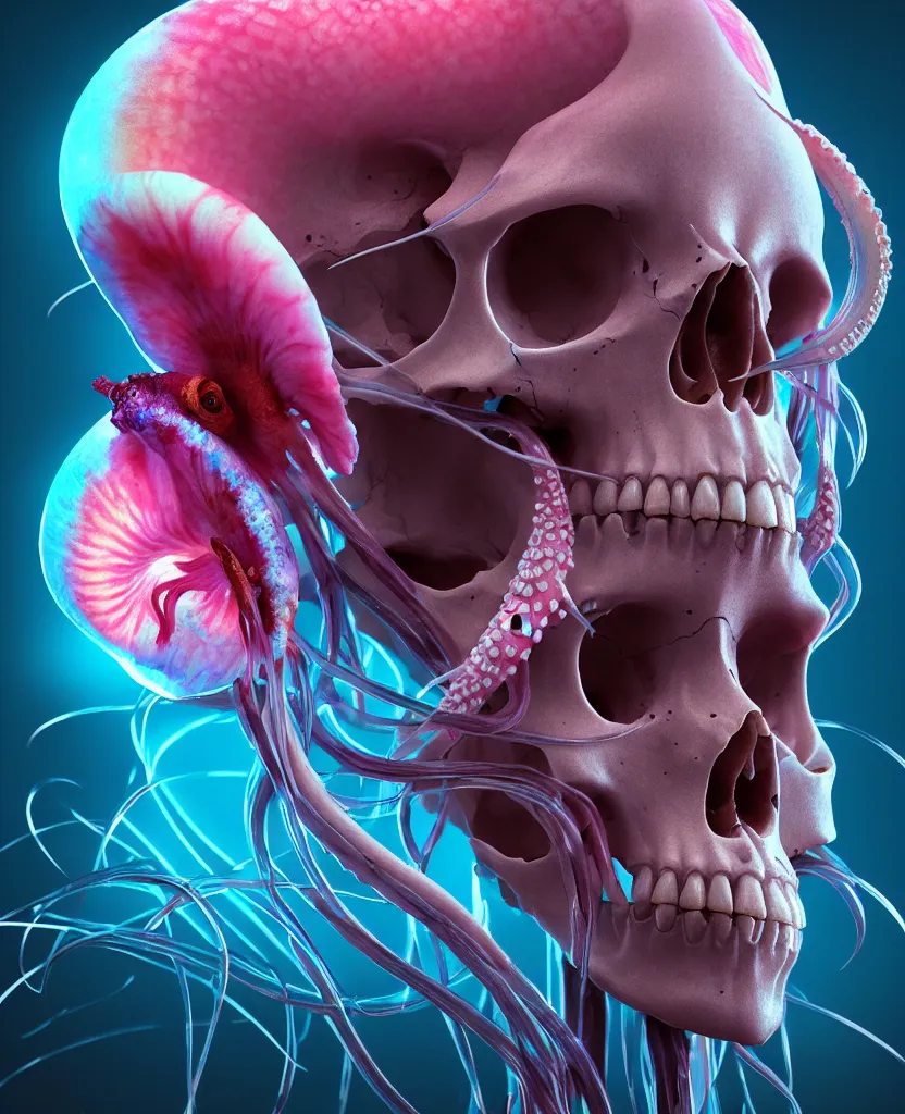 Image similar to goddess close - up portrait human skull, ram skull, squid phoenix jellyfish, orchid, betta fish, bioluminiscent, intricate artwork by tooth wu and wlop and beeple. octane render, trending on artstation, greg rutkowski very coherent symmetrical artwork. cinematic, hyper realism, high detail, octane render, 8 k