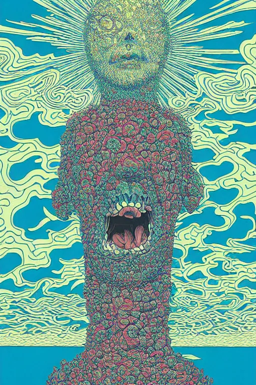 Prompt: a tab of LSD acid on his tongue and surreal psychedelic hallucinations, screenprint by kawase hasui, moebius and dan hillier, colorful flat surreal design, hd, 8k, artstation