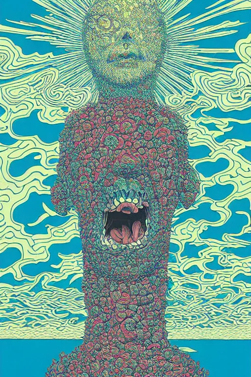 Image similar to a tab of LSD acid on his tongue and surreal psychedelic hallucinations, screenprint by kawase hasui, moebius and dan hillier, colorful flat surreal design, hd, 8k, artstation