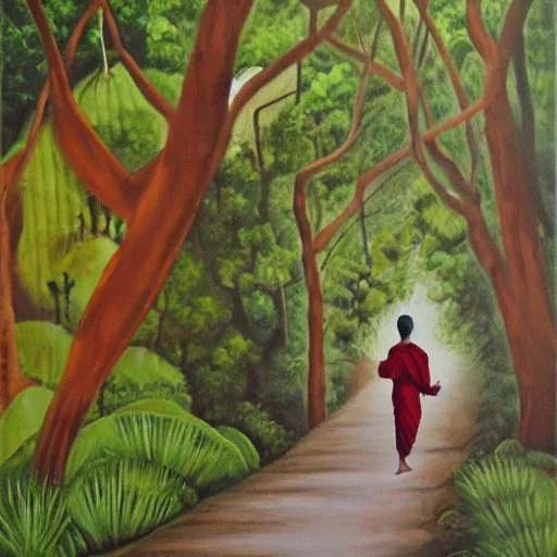 Image similar to painting by richa kashelkar of a young buddhist monk walking down a narrow road in jungle early morning