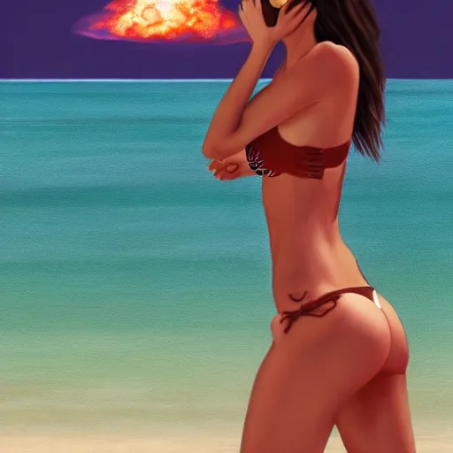 Image similar to Professional painting of anatomically correct skeleton in bikini walks along the beach, big nuclear bomb explosion in the background, trending on Artstation, realistic, ultra detail