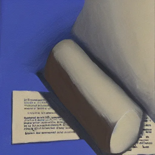 Image similar to painting of a roll of newspaper standing against a blue background, by ivan seal, surreal art, dull