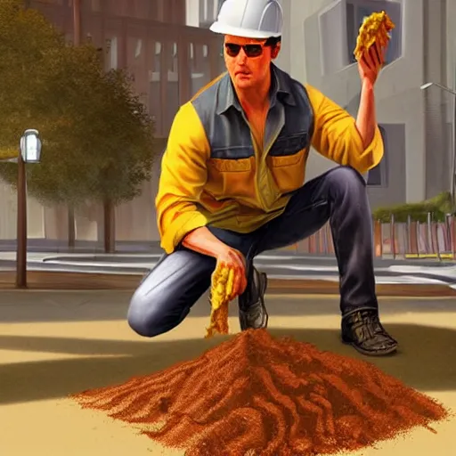 Image similar to tom cruise dressed as a construction worker planting fries in the ground, digital art, highly - detailed, artstation cgsociety masterpiece