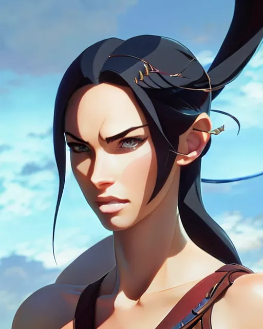 Image similar to azctec archer, megan fox, gemstone forehead, detailed perfect face, exquisite details, fire magic, mid view, design on a white background, by studio muti, greg rutkowski makoto shinkai takashi takeuchi studio ghibli