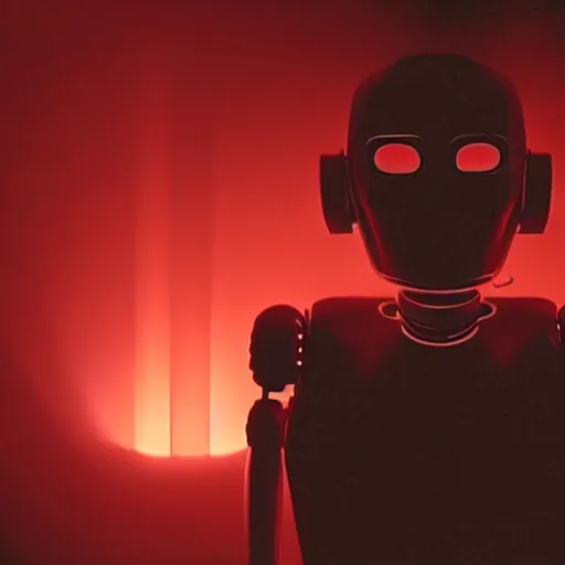 Prompt: movie still of robot with glowing third eye, cinematic composition, cinematic light, criterion collection, by david lynch