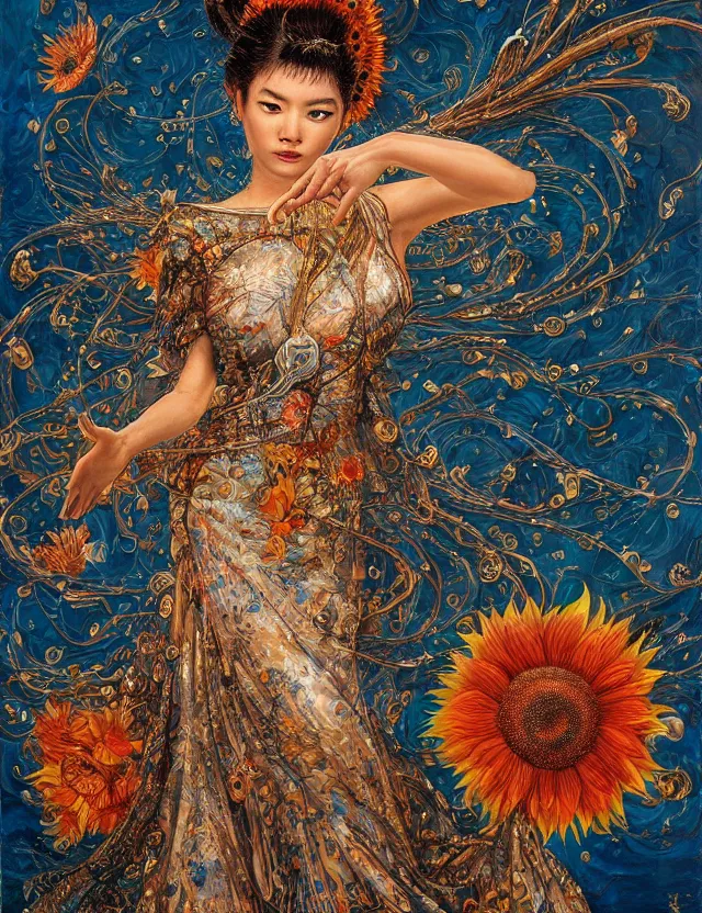 Prompt: a china cat sunflower walking proudly jingling in the midnight sun with a bodhi that drips a silver kimono Like a crazy quilt star gown through a dream night wind, intricate and complexly detailed wet oil painting, by Karol Bak and Tony Diterlizzi, influenced by Artgerm, golden hour scene, center perspective, multi-dimensional, 8k, octane rendering,