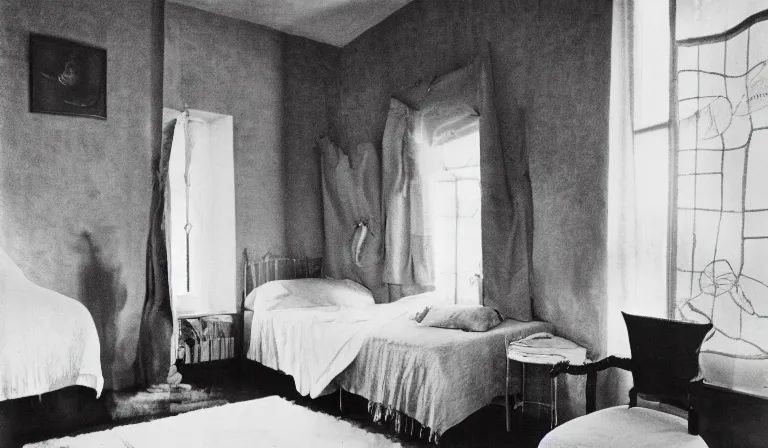 Prompt: A bedroom designed by Leonora Carrington, 35mm film, long shot