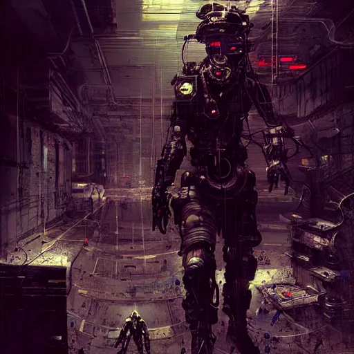 Prompt: a cybernetic hunter, cyberpunk, in a dingy underground bunker, wires, skulls, machines, by zdzislaw belsinki craig mullins realistic render ominous detailed photo atmospheric, ink drips paint smears digital glitches glitchart