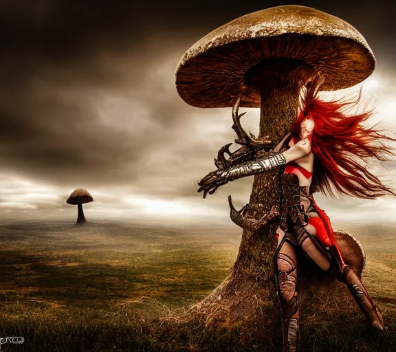 Image similar to a photo of an armored woman warrior redhead with antlers sitting on a giant mushroom that covers a whole village and reaches above the clouds by luis royo. intricate. lifelike. soft light. sony a 7 r iv 5 5 mm. cinematic post - processing