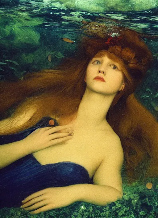 Prompt: lady laying under the sea on the seabed amongst the weeds, underwater shot, submerged, medium shot, on the bed of the river preraphaelite colour photography by rosetti, 8 k