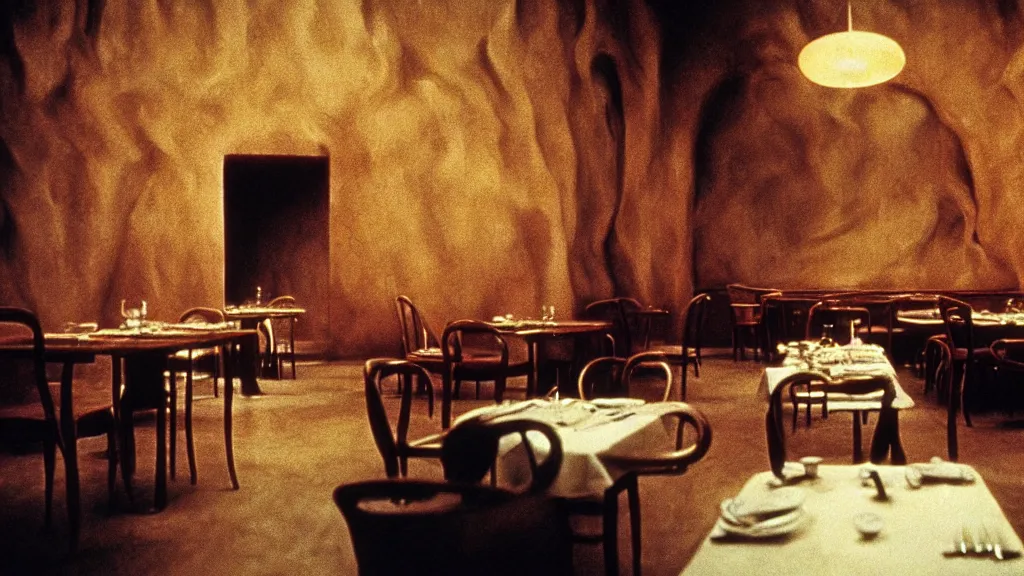 Image similar to the restaurant walls are bending, film still from the movie directed by denis villeneuve and david cronenberg with art direction by salvador dali and zdzisław beksinski, wide lens