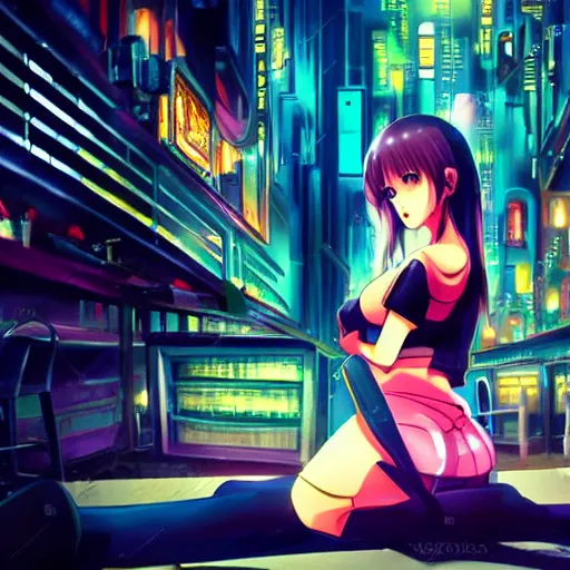 Prompt: Cinematography, anime girl in a bar, cyberpunk city