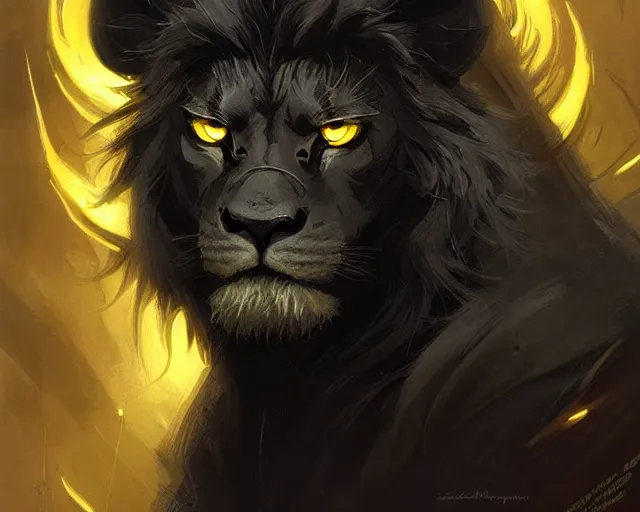 Prompt: black lion with deep big yellow eyes, deep focus, d & d, fantasy, intricate, elegant, highly detailed, digital painting, artstation, concept art, matte, sharp focus, illustration, hearthstone, art by artgerm and greg rutkowski and alphonse mucha