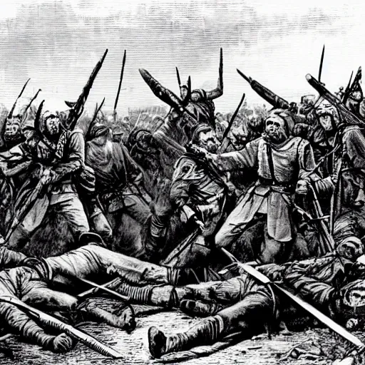Prompt: Osowiec then and again Attack of the dead, hundred men Facing the lead once again Hundred men Charge again Die again