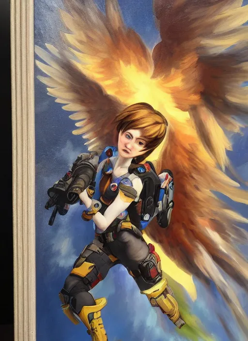 Image similar to oil painting of tracer overwatch in the style of sophie anderson, flying, angel wings,