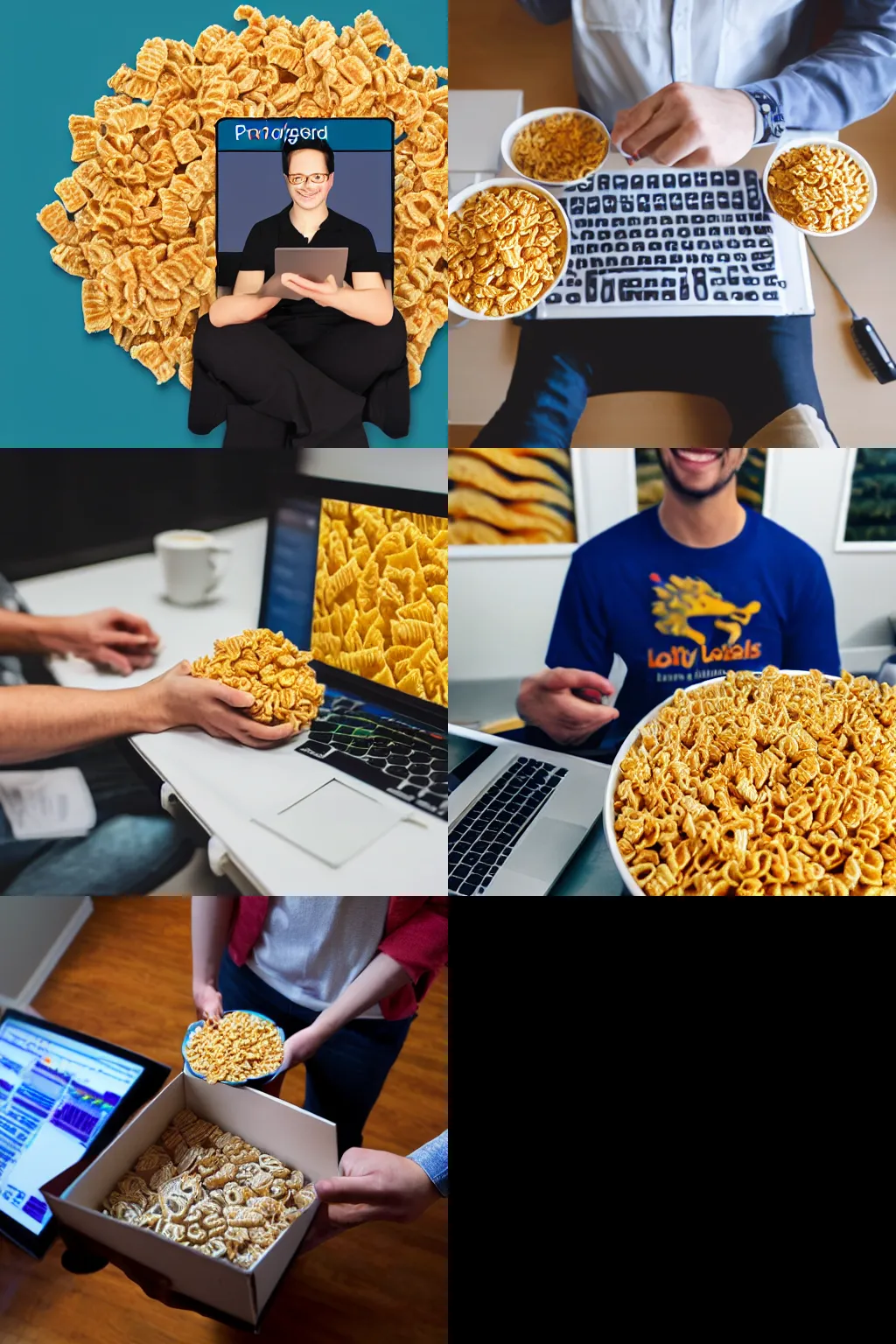 Prompt: a professional photo of a box of frosted flakes but with a software engineer eating a bowl of tiny computers