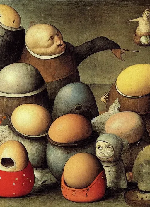 Image similar to a dozen eggs of silly round humpty dumpty with jack black facial expression, realistic, by hieronymus bosch and pieter brueghel