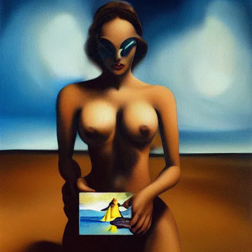 Image similar to A surreal oil painting of a puzzle containing a beautiful woman on a desert beach by Salvador Dali, dark vibes, high contrast, cinematic, depth of field