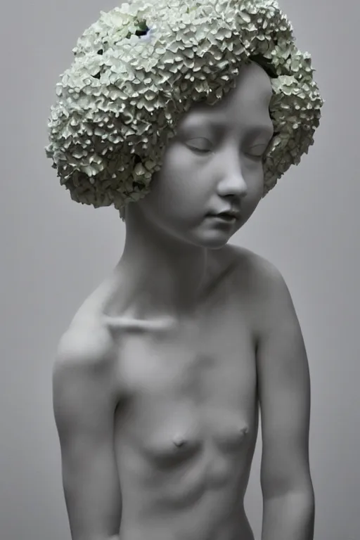 Prompt: full head and shoulders, beautiful female porcelain sculpture by daniel arsham and james jean, smooth, all white features on a white background, delicate facial features, white eyes, white lashes, detailed white 3 d giant hydrangeas, poppies, lilacs on the head