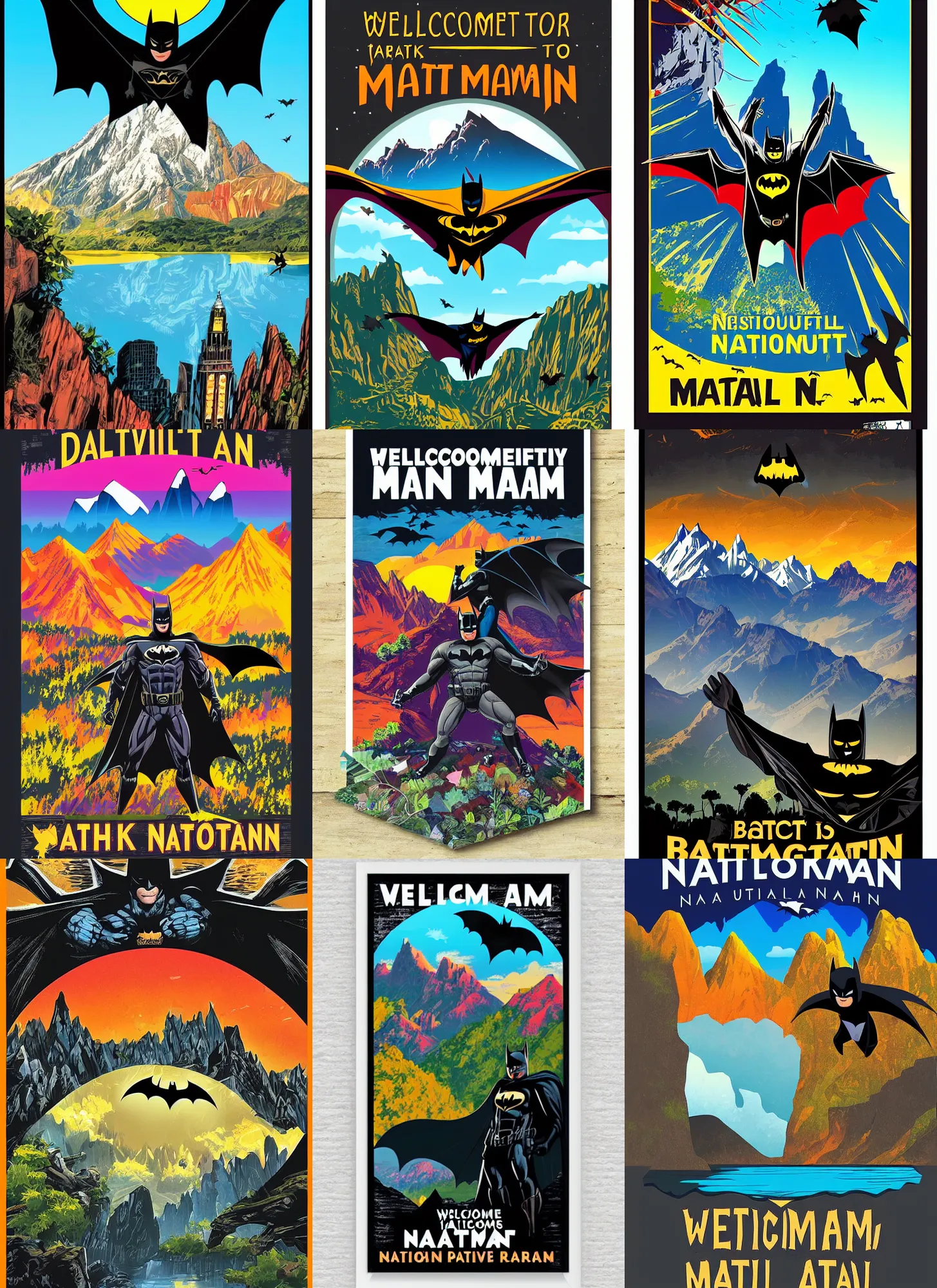 Prompt: welcome to beautiful bat man national park! dark knight, gotham, bat symbol, mountains! vibrant tourism poster, colorful, cartoon