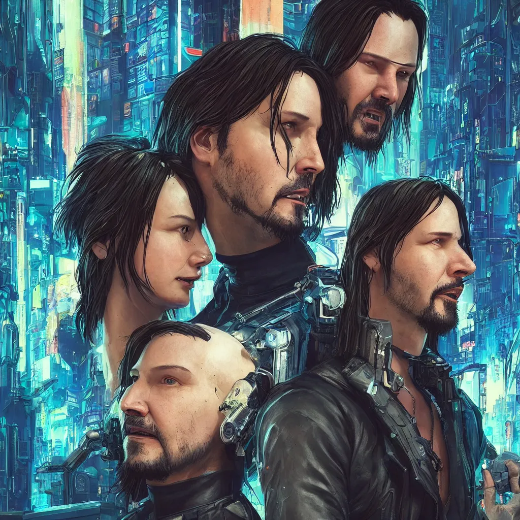 Image similar to a cyberpunk 2077 instagram couple portrait of a Keanu Reeves and a female android final kiss,love,film lighting,by Laurie Greasley,Lawrence Alma-Tadema,Dan Mumford,John Wick,Speed,Replicas,artstation,deviantart,FAN ART,full of color,Digital painting,face enhance,highly detailed,8K,octane,golden ratio,cinematic lighting