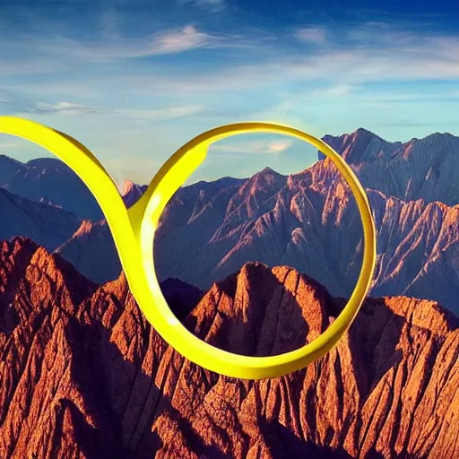 Prompt: a yellow spaceship shaped like an infinity symbol flying over a pink mountain range