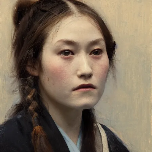 Prompt: girl with pigtails, in kimono, closeup portrait frontview, ethereal, jeremy lipking, tim rees, joseph todorovitch