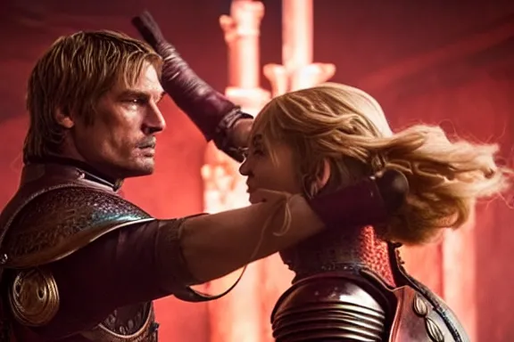 Image similar to very very intricate photorealistic photo of jaime lannister defeating cersei, photo is in focus with detailed atmospheric lighting, award - winning details