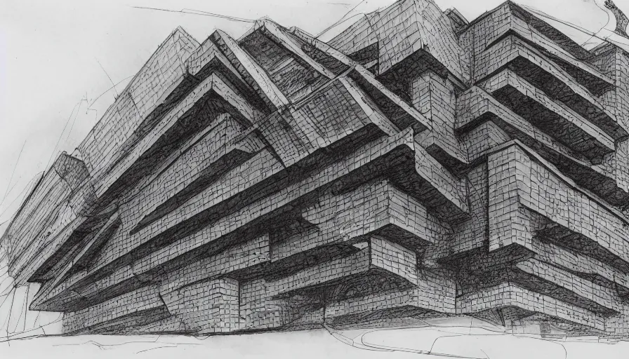 Image similar to big brutalist villain base, drawing architecture, very long shot, top angle