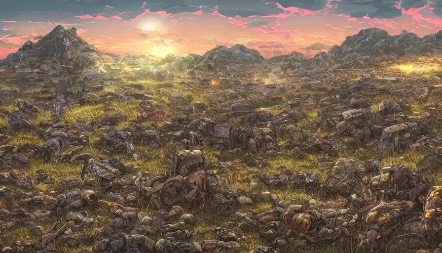 Prompt: the beautiful, chilling, mundane panoramic view of a field covered with dead soldiers calvary and rocks at dusk. hyperrealistic anime background illustration by kim jung ki, borderlands, colorful, extremely detailed intricate linework, smooth, super sharp focus, bright colors, high contrast, matte, octopath traveler, unreal engine 5 highly rendered, global illumination, radiant light