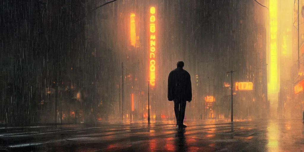 Prompt: digital art of clint eastwood in blade runner movie, posing on a neon rainy vague street in headlights matte painting, 8k resolution, concept art, detailed, photo realism, cgsociety, artstation, behance