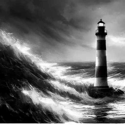 Image similar to lighthouse, ocean, two loons, crashing waves, light, black and white, tattoo art, dramatic lighting, illustration by Greg rutkowski, yoji shinkawa, 4k, digital art, concept art, trending on artstation