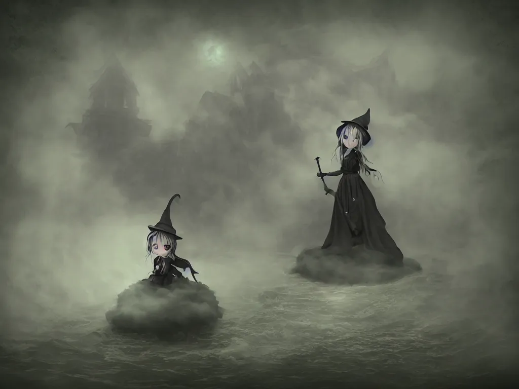 Prompt: cute fumo plush girl witch on a tiny island surrounded by murky river water, river styx, cursed otherworldly chibi gothic horror wraith maiden, lost in the milky void, hazy heavy magical glowing swirling murky volumetric fog and smoke, moonglow, lens flare, vray