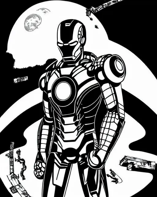 Image similar to black and white sad iron man with wires on hands on the destroed moon, iron man eat banana, wires earth background, by tsutomu nihei