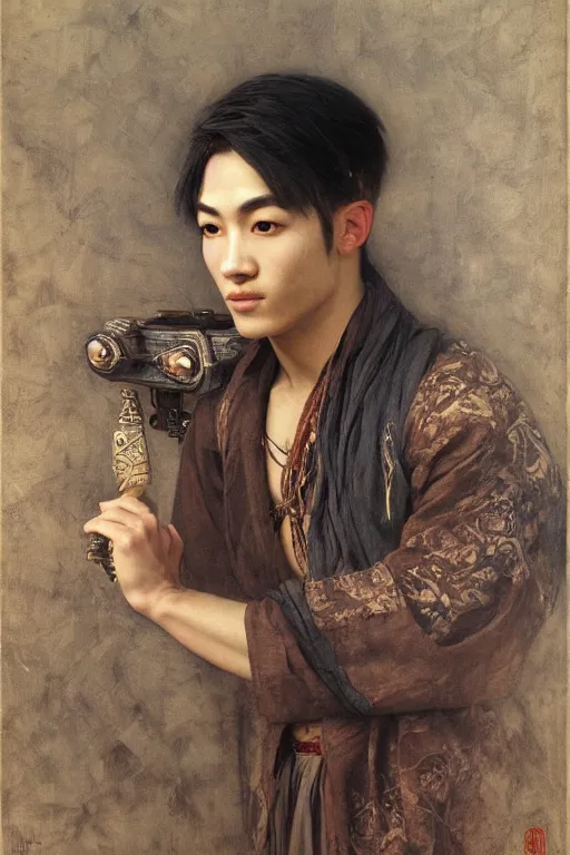 Image similar to attractive asian male, steampunk, cool tint, orientalist intricate portrait by john william waterhouse and edwin longsden long and theodore ralli and nasreddine dinet, hyper realism, dramatic lighting