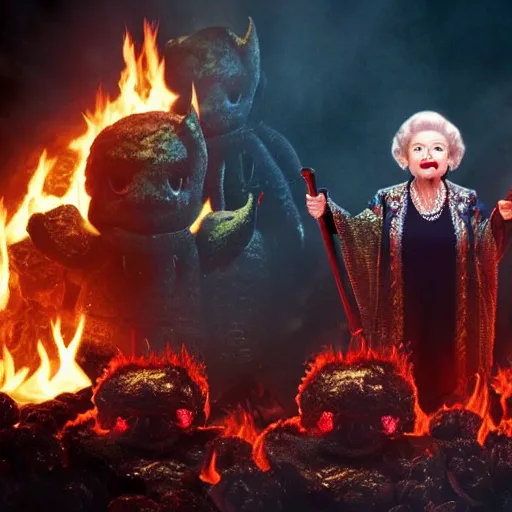 Image similar to stunning awe inspiring betty white as the queen of hell surrounded by fire, lava, brimstone and demonic killer dolls, movie still 8 k hdr atmospheric lighting