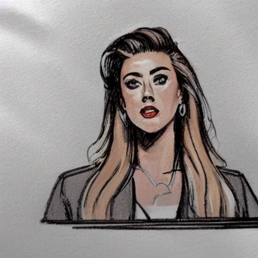 Prompt: courtroom sketch of amber heard squatting on top of a bed, a brown object is underneath her