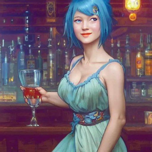 Prompt: a smiling happy beautiful barmaid with short blue hair wearing a red dress in a rustic saloon, beautiful blue eyes, fantasy, intricate and very beautiful and elegant, highly detailed, digital painting, artstation, concept art, smooth and sharp focus, illustration, art by tan zi and artgerm and alphonse mucha and peter mohrbacher