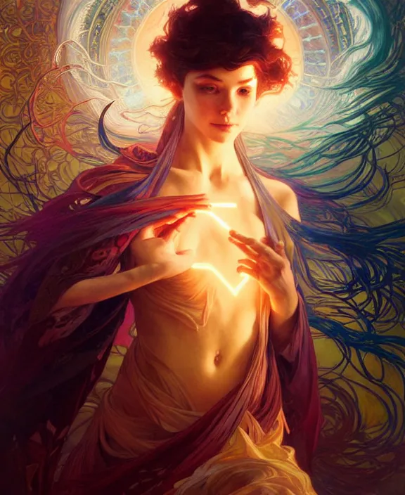 Image similar to a whirlwind of souls ushing inside the metaverse, half body, glowin eyes, d d, fantasy, intricate, elegant, highly detailed, colorful, vivid color, digital painting, artstation, concept art, art by artgerm and greg rutkowski and alphonse mucha and ruan jia