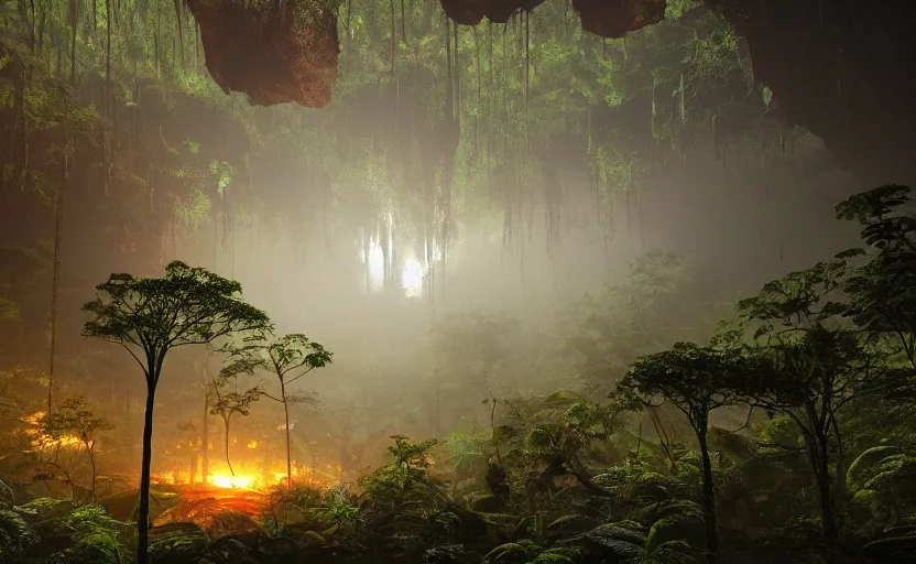 Image similar to a beautiful render of a dark prehistoric rainforest in a humongous cave, lush flora, patches of yellowish - red - magenta sky, sunset lighting, military!! industrial!! facility!!, intricate detail, hazy, humid, volumetric lighting, god rays, 8 k, photorealistic, raytracing effects, unreal engine 5