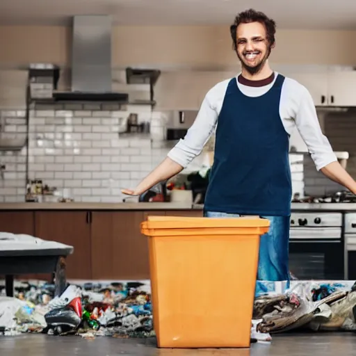 Prompt: photo of a man dancing in the kitchen, full of trash, garbage, shutterstock, getty images, istockphoto,