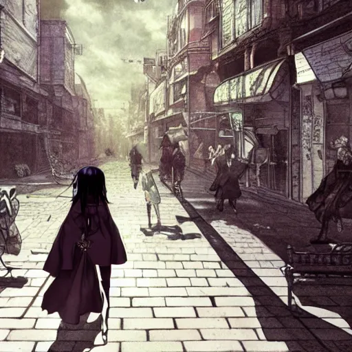 Image similar to goth woman walking on the street, color page, tankoban, 4 k, tone mapping, akihiko yoshida, james jean andrei riabovitchev marc simonetti, yoshitaka amano, long hair, curly, h. hydrochaeri