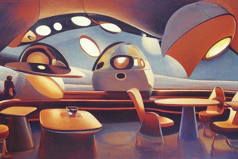 Image similar to coffee shop in a spaceship by robert theodore mccall